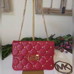 Michael Kors Sloan Quilted Leather Shoulder Bag- Red- Gold Chain Strap- Like New